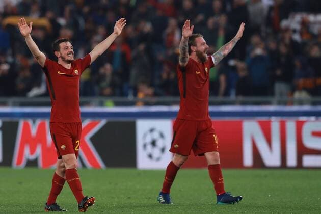 Fußball, CL, AS Rom - FC Barcelona Esultanza a fine partita per la qualificazione alla semifinale Alessandro Florenzi Roma e Daniele De Rossi Roma Roma 10-04-2018 Stadio Olimpico Football Calcio UEFA Champions League 2017 2018 AS Roma - Barcelona AS Roma - Barcellona Quarti di finale ritorno, Quarter finals 2nd leg Foto Cesare Purini Insidefoto cesarexpurini