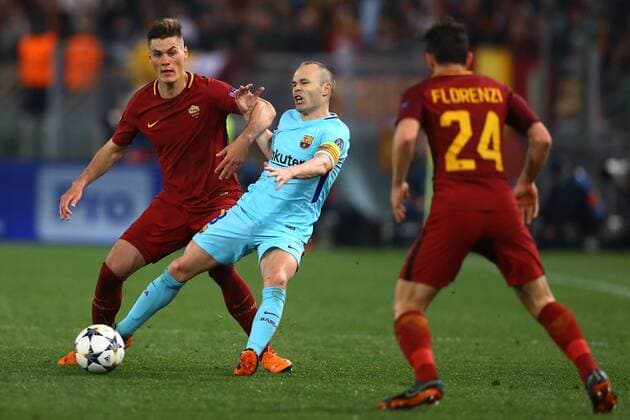 Fußball, CL, AS Rom - FC Barcelona April 10, 2018 - Rome, Italy - AS Roma v FC Barcelona Barca : UEFA Champions League quarter-finals 2nd leg.Patrick Schick of Roma and Andres Iniesta of FC Barcelona at Olimpico Stadium in Rome, Italy on April 10, 2018. AS Roma v FC Barcelona - UEFA Champions League Quarter Final Second Leg  - ZUMAn230 20180410_zaa_n230_340 Copyright: xMatteoxCiambellix