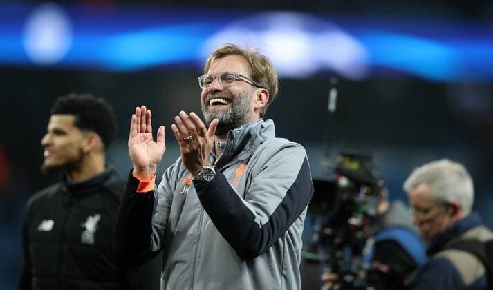 Football - 2017 2018 UEFA Champions League - Quarter-Final, Second Leg: Manchester City (0) vs. Liverpool (3) Jurgen Klopp manager of Liverpool celebrates at The Etihad. COLORSPORT 