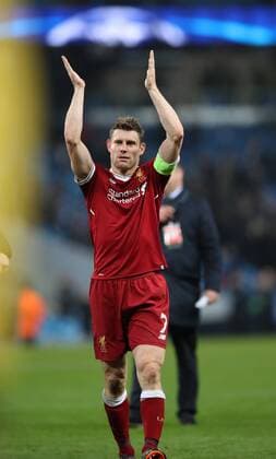 Football - 2017 2018 UEFA Champions League - Quarter-Final, Second Leg: Manchester City (0) vs. Liverpool (3) James Milner of Liverpool celebrates at The Etihad. COLORSPORT 