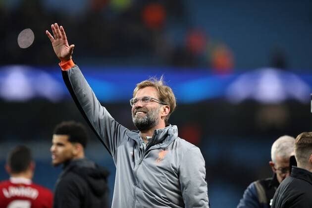 Football - 2017 2018 UEFA Champions League - Quarter-Final, Second Leg: Manchester City (0) vs. Liverpool (3) Jurgen Klopp manager of Liverpool celebrates at The Etihad. COLORSPORT 