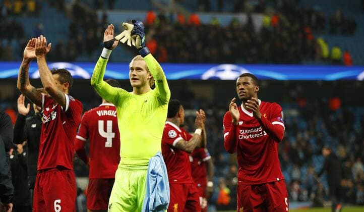 Football - 2017 2018 UEFA Champions League - Quarter-Final, Second Leg: Manchester City (0) vs. Liverpool (3) Loris Karius of Liverpool celebrates at The Etihad. COLORSPORT 