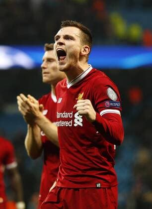 Football - 2017 2018 UEFA Champions League - Quarter-Final, Second Leg: Manchester City (0) vs. Liverpool (3) Andy Robertson of Liverpool celebrates at The Etihad. COLORSPORT 