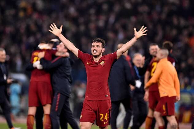 Fußball, CL, AS Rom - FC Barcelona April 10, 2018 - Rome, Italy - Alessandro Florenzi of Roma celebrates at the end of the UEFA Champions League Quarter Final match between Roma and FC Barcelona Barca at Stadio Olimpico, Rome, Italy on 10 April 2018. Roma v FC Barcelona.UEFA Champions League Quarter Final .10 04 2018.  - ZUMAn230 20180410_zaa_n230_436 Copyright: xGiuseppexMaffiax