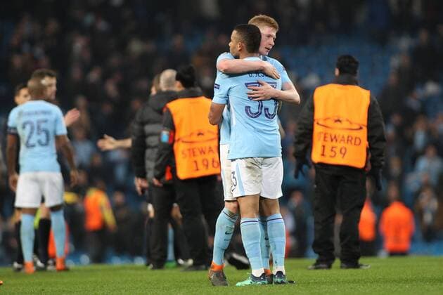 Manchester City v Liverpool UEFA Champions League Quarter Final Kevin De Bruyne consoles team mate Gabriel Jesus of Manchester City after the UEFA Champions League Quarter Final match against Liverpool at the Etihad Stadium, Manchester. Content Not Available For UK Newspapers Copyright: xMichaelxSedgwickx FIL-11629-0055
