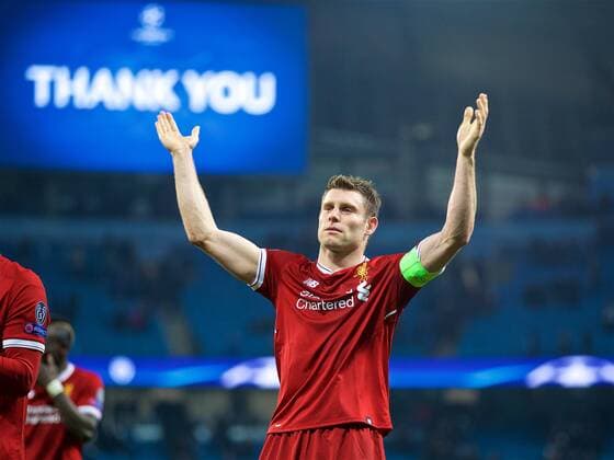 (180411) -- MANCHESTER, April 11, 2018 () -- Liverpool s captain James Milner celebrates after the UEFA Champions League quarterfinal second leg soccer match between Manchester City and Liverpool in Manchester, Britain, on April 10, 2018. Liverpool won 5-1 on aggregate and advanced to the semifinal. () FOR EDITORIAL USE ONLY. NOT FOR SALE FOR MARKETING OR ADVERTISING CAMPAIGNS. NO USE WITH UNAUTHORIZED AUDIO, VIDEO, DATA, FIXTURE LISTS, CLUB LEAGUE LOGOS OR LIVE SERVICES. ONLINE IN-MATCH USE LIMITED TO 45 IMAGES, NO VIDEO EMULATION. NO USE IN BETTING, GAMES OR SINGLE CLUB LEAGUE PLAYER PUBLICATIONS.) (SP)BRITAIN-MANCHESTER-SOCCER-UEFA CHAMPIONS LEAGUE-MANCHESTER CITY VS LIVERPOOL Xinhua