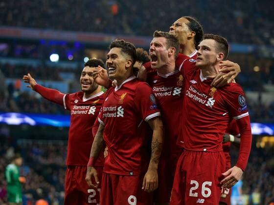 (180411) -- MANCHESTER, April 11, 2018 () -- Liverpool s Roberto Firmino (2nd L) celebrates after scoring with his teammates during the UEFA Champions League quarterfinal second leg soccer match between Manchester City and Liverpool in Manchester, Britain, on April 10, 2018. Liverpool won 5-1 on aggregate and advanced to the semifinal. () FOR EDITORIAL USE ONLY. NOT FOR SALE FOR MARKETING OR ADVERTISING CAMPAIGNS. NO USE WITH UNAUTHORIZED AUDIO, VIDEO, DATA, FIXTURE LISTS, CLUB LEAGUE LOGOS OR LIVE SERVICES. ONLINE IN-MATCH USE LIMITED TO 45 IMAGES, NO VIDEO EMULATION. NO USE IN BETTING, GAMES OR SINGLE CLUB LEAGUE PLAYER PUBLICATIONS.) (SP)BRITAIN-MANCHESTER-SOCCER-UEFA CHAMPIONS LEAGUE-MANCHESTER CITY VS LIVERPOOL Xinhua