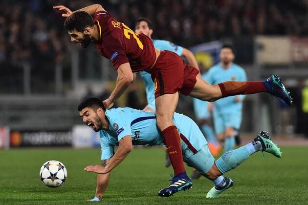 Fußball, CL, AS Rom - FC Barcelona Champions League Rome vs Barcelona -Rome 10-Apr-2018 In the picture Federico Fazio and Luis Suarez Photo Photographer01  Copyright: xFotografo01x xIPAx xFotografo01x
