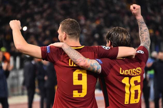 Fußball, CL, AS Rom - FC Barcelona Champions League Rome vs Barcelona -Rome 10-Apr-2018 In the picture Daniele De Rossi and Edin Dzeko celebring victory Photo Photographer01  Copyright: xFotografo01x xIPAx xFotografo01x