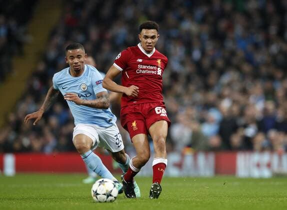 Manchester City s Gabriel Jesus tussles with Liverpool s Trent Alexander-Arnold during the Champions League Quarter Final 2nd Leg match at the Etihad Stadium, Manchester. Picture date: 10th April 2018. Picture credit should read: David Klein Sportimage EDITORIAL USE ONLY. No use with unauthorised audio, video, data, fixture lists, club league logos or live services. Online in-match use limited to 120 images, no video emulation. No use in betting, games or single club league player publications.