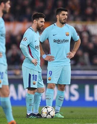 FUSSBALL CHAMPIONS LEAGUE SAISON 2017 2018 VIERTELFINALE RUECKSPIEL AS Rom - FC Barcelona Barca 10.04.2018 Enttaeuschnung Barca; Lionel Messi (li) und Luis Suarez 