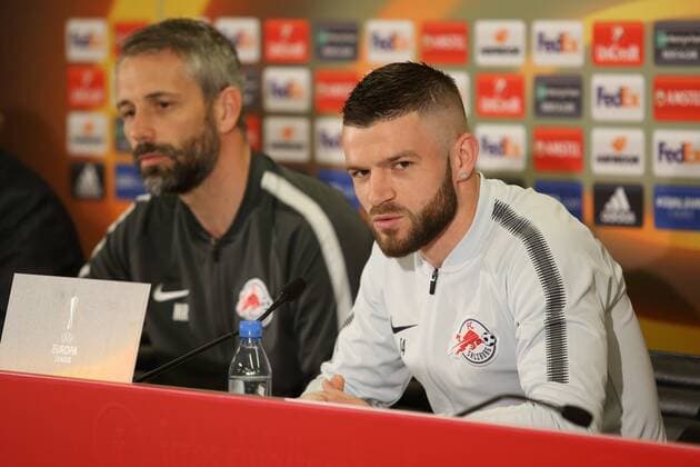 SOCCER - EL, RBS vs Lazio SALZBURG,AUSTRIA,11.APR.18 - SOCCER - UEFA Europa League, quarterfinal, Red Bull Salzburg vs SS Lazio, preview, press conference PK Pressekonferenz RBS. Image shows Valon Berisha and head coach Marco Rose (RBS). GEPAxpictures xMathiasxMandl