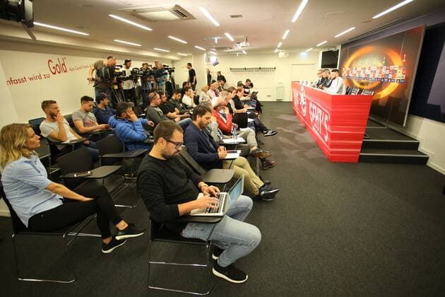 SOCCER - EL, RBS vs Lazio SALZBURG,AUSTRIA,11.APR.18 - SOCCER - UEFA Europa League, quarterfinal, Red Bull Salzburg vs SS Lazio, preview, press conference PK Pressekonferenz RBS. Image shows an overview. GEPAxpictures xMathiasxMandl