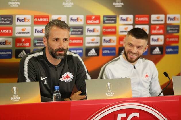 SOCCER - EL, RBS vs Lazio SALZBURG,AUSTRIA,11.APR.18 - SOCCER - UEFA Europa League, quarterfinal, Red Bull Salzburg vs SS Lazio, preview, press conference PK Pressekonferenz RBS. Image shows head coach Marco Rose and Valon Berisha (RBS). GEPAxpictures xMathiasxMandl