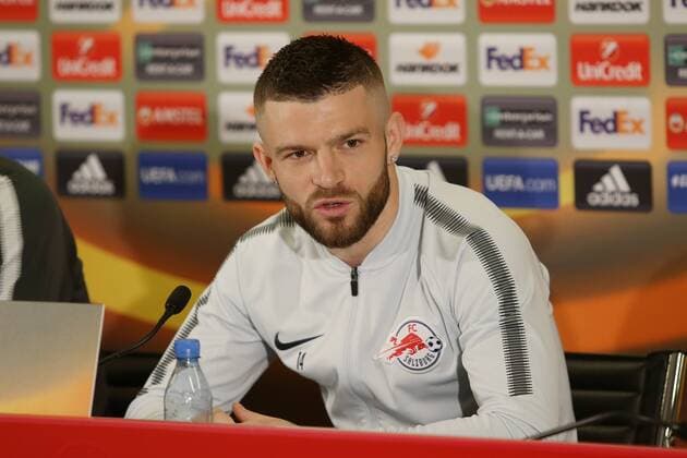 SOCCER - EL, RBS vs Lazio SALZBURG,AUSTRIA,11.APR.18 - SOCCER - UEFA Europa League, quarterfinal, Red Bull Salzburg vs SS Lazio, preview, press conference PK Pressekonferenz RBS. Image shows Valon Berisha (RBS). GEPAxpictures xMathiasxMandl