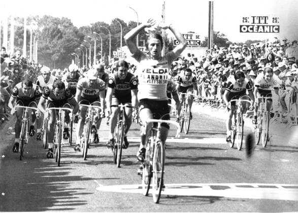 - MONTGENEVRE, FRANCE: Belgian cyclist Freddy Maertens pictured in the 63rd Tour de France, winning the first half stage of 14 July 1976 in Langon, France, before Dutch Gerben Karsten. In that years Tour, he would end up winning 8 stages and the green jersey for leader in the Points classification. AFP  x19396587x