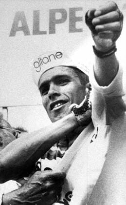 - ISERE, FRANCE: Belgian cyclist Lucien Van Impe pictured putting on his first yellow leaders jersey of the 63rd tour the France, on 04 July 1976 in Isere, France. Dutch Joop Zoetemelk won the first mountain stage with arrival at the legendary Alpe d Huez, Van Impe ended second, which was enough to take over the yellow shirt from his fellow Belgian Freddy Maertens. AFP  x19396590x