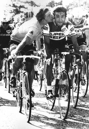 - BORDEAUX, FRANCE: Belgian cyclist Freddy Maertens (L) shows affection for his Spanish collegue Luis Ocana during the 18th stage of the 63rd Tour de France, in Bordeaux, France, 14 July 1976. The stage had been devided into three parts, of which Maertens won the first two. AFP  x19396602x