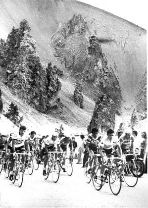 - MONTGENEVRE, FRANCE: Cyclists climb the Col de l Izoard in the 10th stage of the 1976 Tour de France, 5 July 1976, in the Alps, France. The top of the peleton in the moon-like landscape (L-R): Bernard Thevenet, Raymond Delisle, Raymond Poulidor, Vicente Lopez Carril, Lucien Van Impe and Joop Zoetemelk. AFP  x19396608x