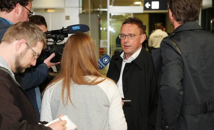 RB Leipzig EL Tour Soccer Euro League Marseille 11 04 2018 Airport Soccer UEFA Euro League Quarter-Final Before the EL Game Olympique Marseille vs RB Leipzig Arrival of RB Leipzig in Marseille Sport Director Ralf Rangnick RB Leipzig in an interview with the media at the airport