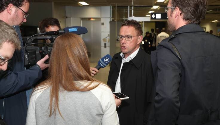 RB Leipzig EL Tour Soccer Euro League Marseille 11 04 2018 Airport Soccer UEFA Euro League Quarter-Final Before the EL Game Olympique Marseille vs RB Leipzig Arrival of RB Leipzig in Marseille Sport Director Ralf Rangnick RB Leipzig in an interview with the media at the airport