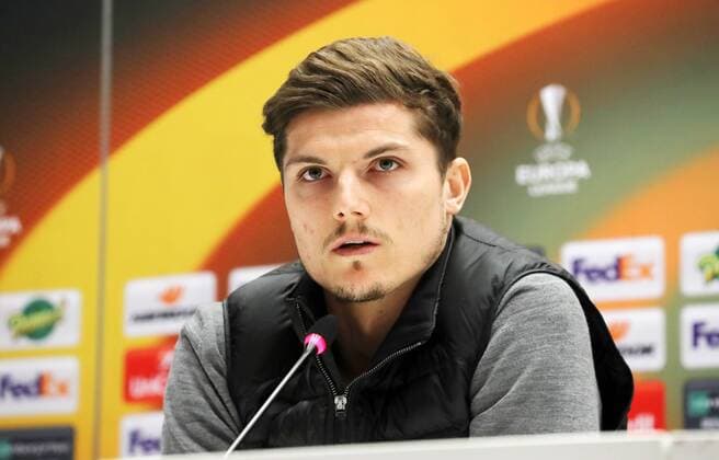RB Leipzig Press Conference Football Euro League Marseille 11 04 2018 Stade Velodrome Football UEFA Euro League quarter-finals Press Conference of RB Leipzig on the eve of the EL match Olympique Marseille vs. RB Leipzig Pictured Marcel Sabitzer 7 RB Leipzig