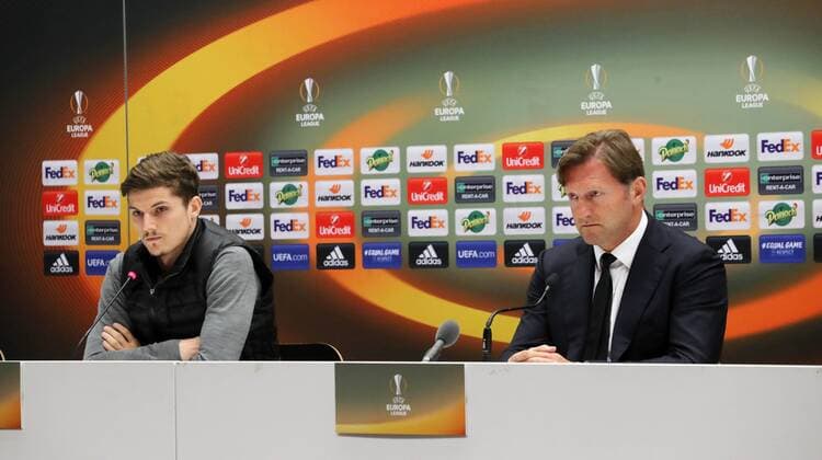 RB Leipzig Press Conference Football Euro League Marseille 11 04 2018 Stade Velodrome Football UEFA Euro League quarter-finals Press Conference of RB Leipzig on the eve of the EL game Olympique Marseille vs. RB Leipzig Pictured Marcel Sabitzer 7 RB Leipzig and coach Ralph Hasenhüttl Hasenhuettl RB Leipzig
