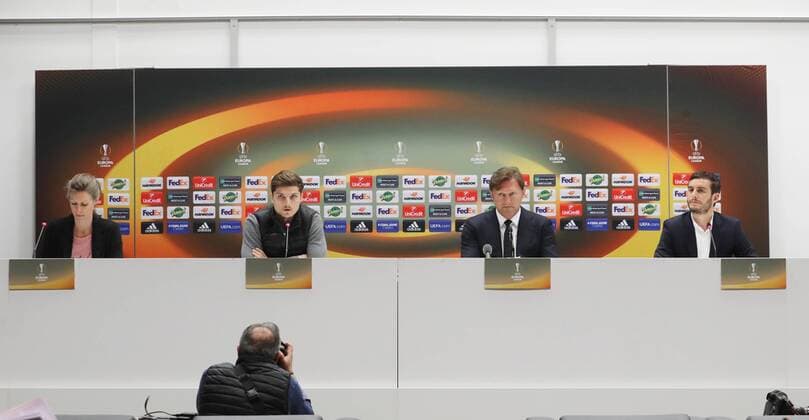 RB Leipzig Press Conference Football Euro League Marseille 11 04 2018 Stade Velodrome Football UEFA Euro League quarter-finals Press Conference of RB Leipzig on the eve of the EL match Olympique Marseille vs. RB Leipzig Pictured left interpreter Marcel Sabitzer 7 RB Leipzig coach Ralph Hasenhüttl Hasenhuettl RB Leipzig and press spokesman Benjamin Ippoliti RB Leipzig