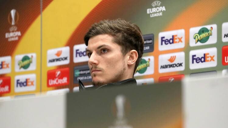 RB Leipzig Press Conference Football Euro League Marseille 11 04 2018 Stade Velodrome Football UEFA Euro League quarter-finals Press Conference of RB Leipzig on the eve of the EL match Olympique Marseille vs. RB Leipzig Pictured Marcel Sabitzer 7 RB Leipzig