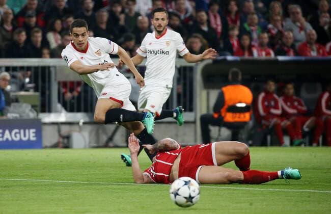 UEFA Champions League FC Bayern Munich Sevilla FC Quarter-finals Relegation Quarter Finals 2nd leg 11 04 2018 at Allianz Arena Season 2017 18 xmdx Wissam BEN YEDDER 9 Sevilla FC James RODRIGUEZ 11 FC Bayern Muenchen FC Bayern Muenchen Sevilla FC