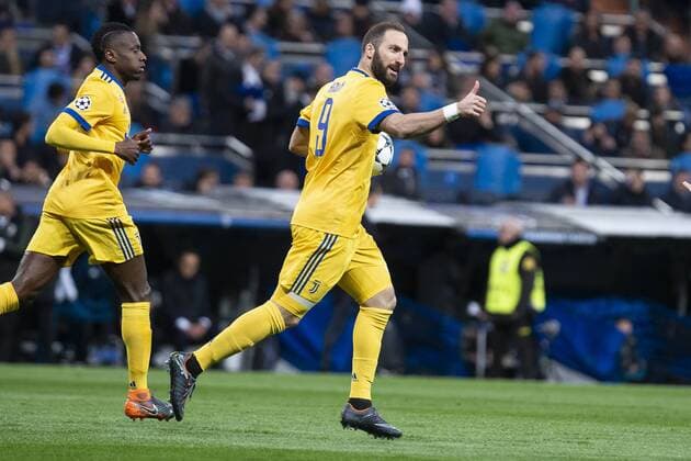 Fußball, CL, Real Madrid - Juventus Turin Juventus Gonzalo Higuain celebrating a goal during Champion League match between Real Madrid and Juventus at Santiago Bernabeu Stadium in Madrid, Spain. April 11, 2018.  (20180411004)