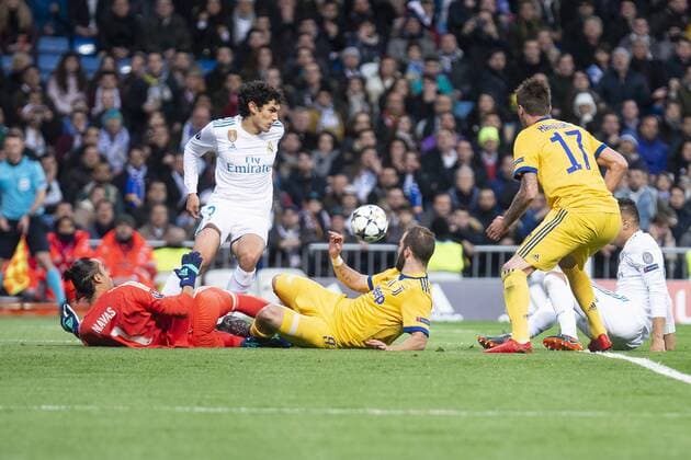Real Madrid Jesus Vallejo and Keylor Navas and Juventus Gonzalo Higuain during Champion League match between Real Madrid and Juventus at Santiago Bernabeu Stadium in Madrid, Spain. April 11, 2018.  (20180411006)