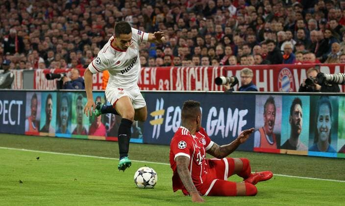 UEFA Champions League FC Bayern Munich Sevilla FC Quarter-finals Relegation Quarter Finals 2nd leg 11 04 2018 at Allianz Arena Season 2017 18 xmdx Wissam BEN YEDDER 9 Sevilla FC Jerome BOATENG 17 FC Bayern Muenchen FC Bayern Muenchen Sevilla FC