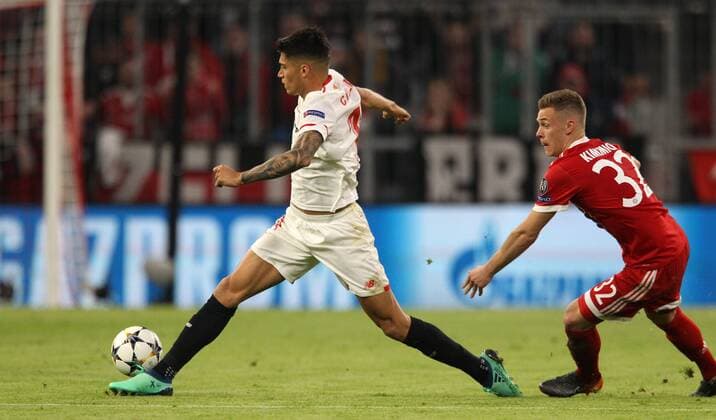 UEFA Champions League FC Bayern Munich Sevilla FC Quarter-finals Relegation Quarter Finals 2nd leg 11 04 2018 at Allianz Arena Season 2017 18 xmdx Wissam BEN YEDDER 9 Sevilla FC Joshua KIMMICH 32 FC Bayern Muenchen FC Bayern Muenchen Sevilla FC