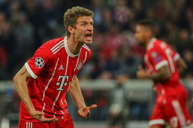 Muenchen Germany 11 04 2018 UEFA Champions League 2017 18 Season Quarter finals Second leg Bayern Munich Muenchen Sevilla FC Thomas Mueller FCB gesticulating gestures DeFodi501