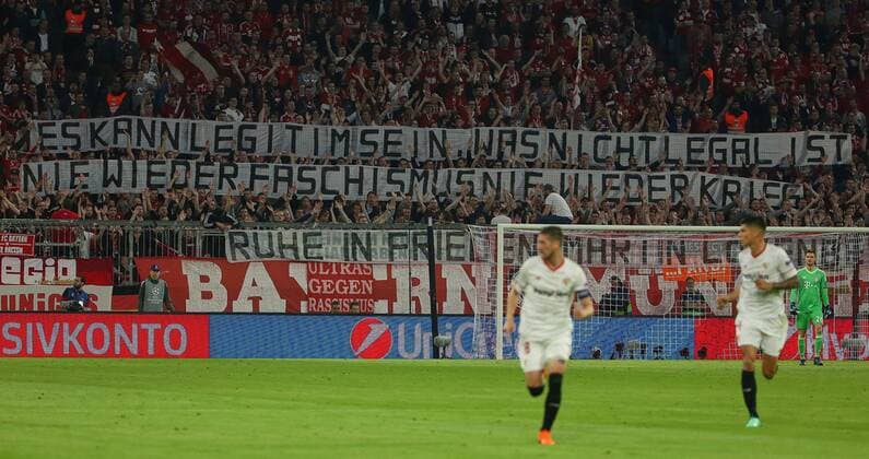 Muenchen Germany 11 04 2018 UEFA Champions League 2017 18 Season Quarter finals Second leg Bayern Munich Muenchen Sevilla FC Bayern fans with banner Transparent DeFodi501