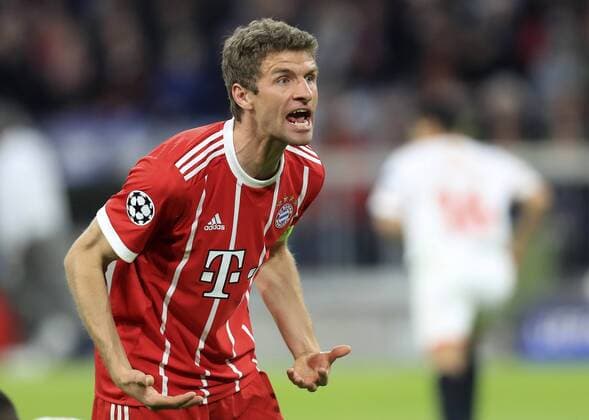 11 04 2018 Football UEFA Champions League 2017 2018 Quarter-finals 2nd leg FC Bayern Munich Sevilla FC at Allianz Arena Munich Thomas Müller Bayern Munich dissatisfied