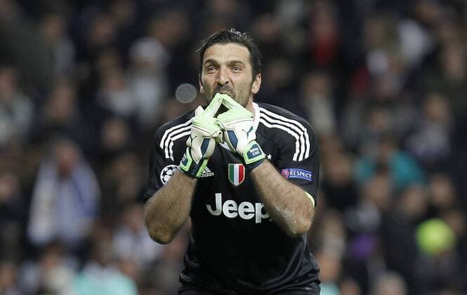 Soccer match between Real Madrid and Juventus, second leg of quarter finals of the Champions League 2017 2018, held at the Santiago Bernabeu stadium, in Madrid. (Photo: Jose Cuesta 261 Cordon Press). Gianluigi Buffon celebrates the third goal of Juventus.  xJosexLuisxCuestax xx