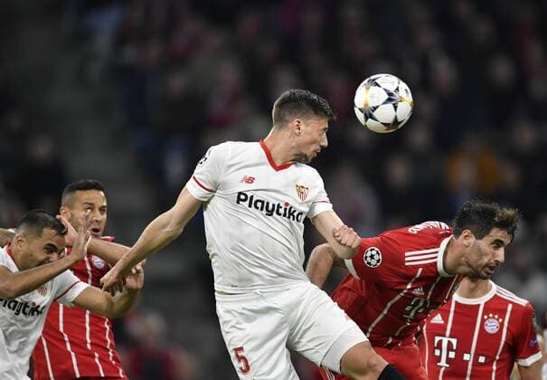 The penalty area scene Goal space scene header Clement Lenglet Sevilla FC Bayern Munich FCB vs Sevilla FC UEFA Champions League CL quarter-final second leg Match 2 Season 2017 2018 Munich Allianz Arena 11 04 2018 FC Bayern Munich FCB vs Sevilla FC