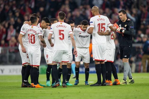 11.04.2018 MONACHIUM, PILKA NOZNA (FOOTBALL), UEFA LIGA MISTRZOW (UEFA CHAMPIONS LEAGUE), SEZON 2017 2018 , 1 4 FINAL (QUARTER-FINALS) MECZ FC BAYERN MONACHIUM - SEVILLA FC (FC BAYERN MUNCHEN - SEVILLA FC) NZ CLEMENT LENGLET GABRIEL MERCADO EVER BANEGA FOTO LUKASZ SKWIOT CYFRASPORT NEWSPIX.PL --- Newspix.pl  20180411CSLS0013