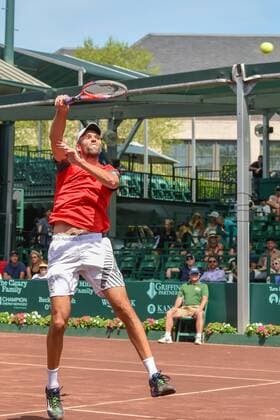 HOUSTON, TX - APRIL 11: Ivo Karlovic (CRO) hits a hard overhead during his match against Denis Kudla (USA) during the 2018 US Men s Clay Court Tennis Championships on April 11, 2018 at River Oaks Country Club, Houston, Texas. (Photo by Ken Murray Icon Sportswire) TENNIS: APR 11 US Men s Clay Court Championships Icon180411007 EDITORIAL USE ONLY