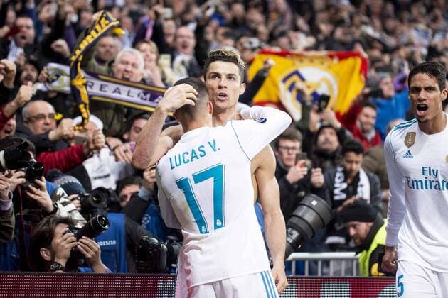 Real Madrid Cristiano Ronaldo and Lucas Vazquez celebrating a goal during Champion League match between Real Madrid and Juventus at Santiago Bernabeu Stadium in Madrid, Spain. April 11, 2018.  (20180411047)