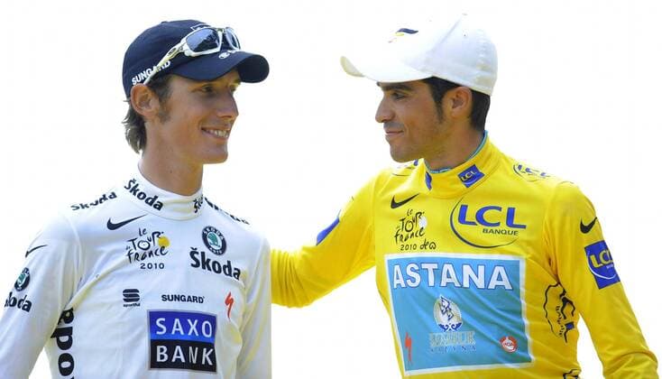 - PARIS, FRANCE: - PARIS, FRANCE: Spanish Alberto Contador of team Astana, in the yellow jersey of leader in the overall ranking (R), embraces Luxembourg s Andy Schleck of team Saxo Bank (L) on the podium after stage 20, the last stage in the 2010 Tour de France, from Longjumeau to Paris (Champs-Elysees), 105 km, Sunday 25 July 2010. Contador won today his third Tour de France Title. Schleck finished second. BENOITxDOPPAGNE  x21413946x