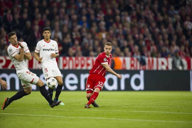 Champions League Quarter Finals FC Bayern Muenchen vs Sevilla FC Allianz Arena Munich 11 04 2018 Pictured Clement Lenglet Joaquin Correa Joshua Kimmich Â