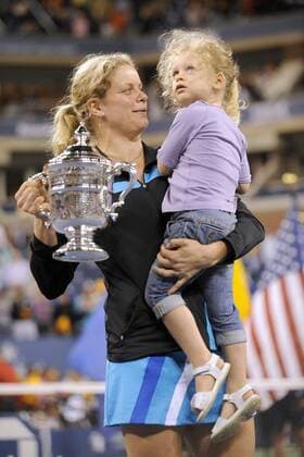 - NEW YORK, USA: Belgian tennis player Kim Clijsters celebrates with daughter Jada after winning her final match against Russian Vera Zvonareva, during the women s singles at the US Open Grand Slam Tennis Tournament, at Flushing Meadows, in New York City, USA, Saturday 11 September 2010. Clijsters won 6-2, 6-1. PHILIPPExBUISSIN  x22279091x