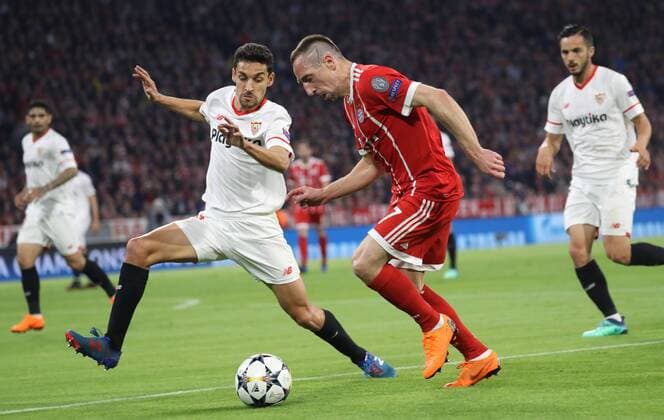 Soccer Champions League FC Bayern Sevilla FC 0 0 Franck RibŽry and Jesus Navas Munich Bayern Germany Allianz Arena