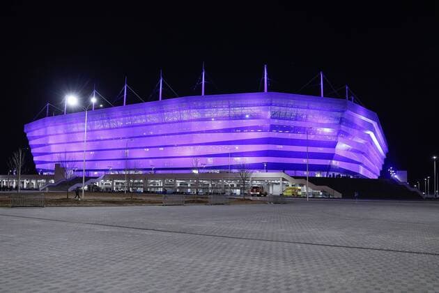 KALININGRAD, RUSSIA - APRIL 11, 2018: A view of Kaliningrad Stadium hosting a 2017 18 Russian Football National League match between FC Baltika Kaliningrad and FC Krylya Sovetov Samara, the first test match ahead of the 2018 FIFA World Cup WM Weltmeisterschaft Fussball Vitaly Nevar TASS  TS07B813