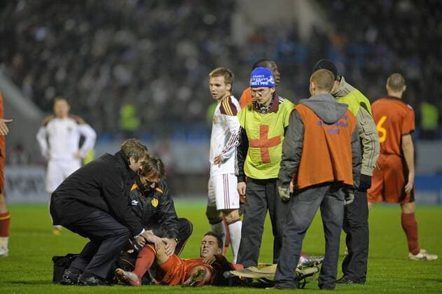 - VORONEZH, RUSSIA: Belgium s Eden Hazard is injured during the friendly soccer match Russia vs Belgium, in Voronezh, Wednesday 17 November 2010. ERICxLALMAND  x23579641x