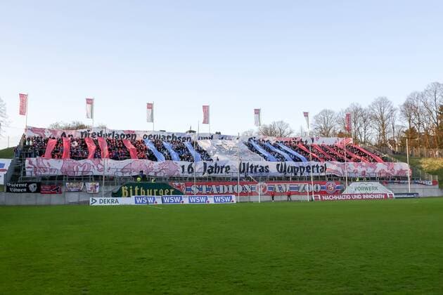 Football Regionalliga West Wuppertal SV Rot Weiss Essen on 11 04 2018 at the Stadium am Zoo in Wuppertal Choreography of the Wuppertal fans