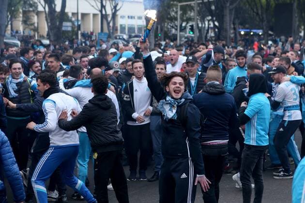 Olympique fans celebrating in front of the stadium with Bengali pyrotechnics in front of the stadium Olympique Marseille vs RB Leipzig UEFA Europa League quarter-final match football 12 04 2018 Marseille Copyright: xLanger Eibner-Pressefotox EP_HLR